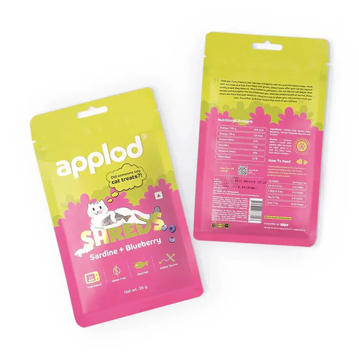 Front and back of Applod Sardine + Blueberry Shreds cat treat. Front shows Sardine + Blueberry and Gluten Free, Real Fish badges. Back ingredient list shows chicken meat listed first.
