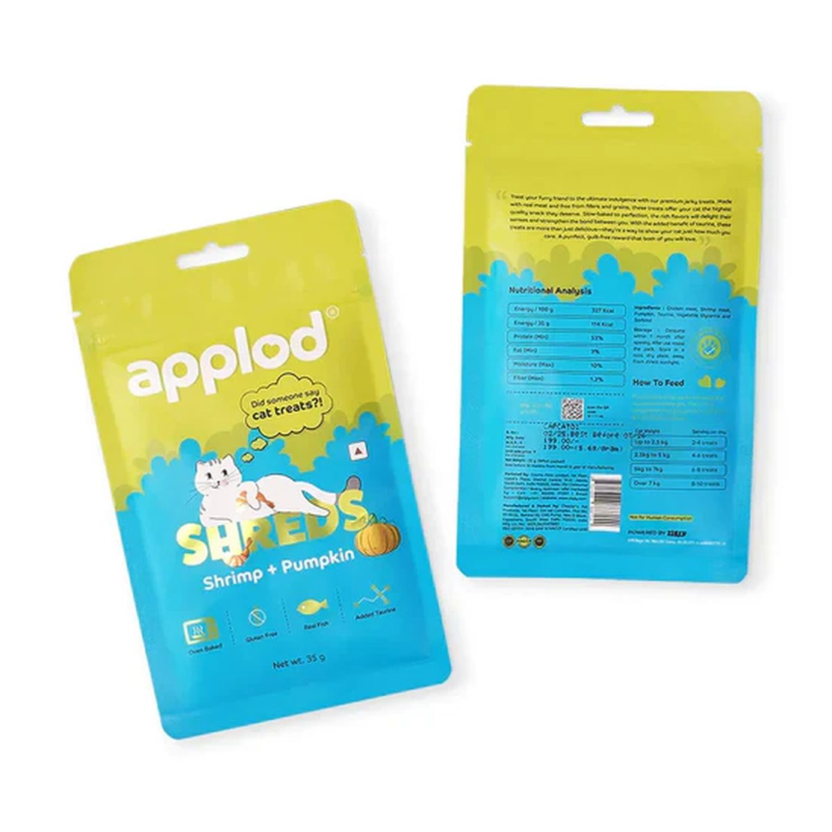Front and back of Applod Shrimp + Pumpkin Shreds cat treat. Front shows Shrimp + Pumpkin and Gluten Free, Real Fish badges. Back ingredient list shows chicken meat listed first.