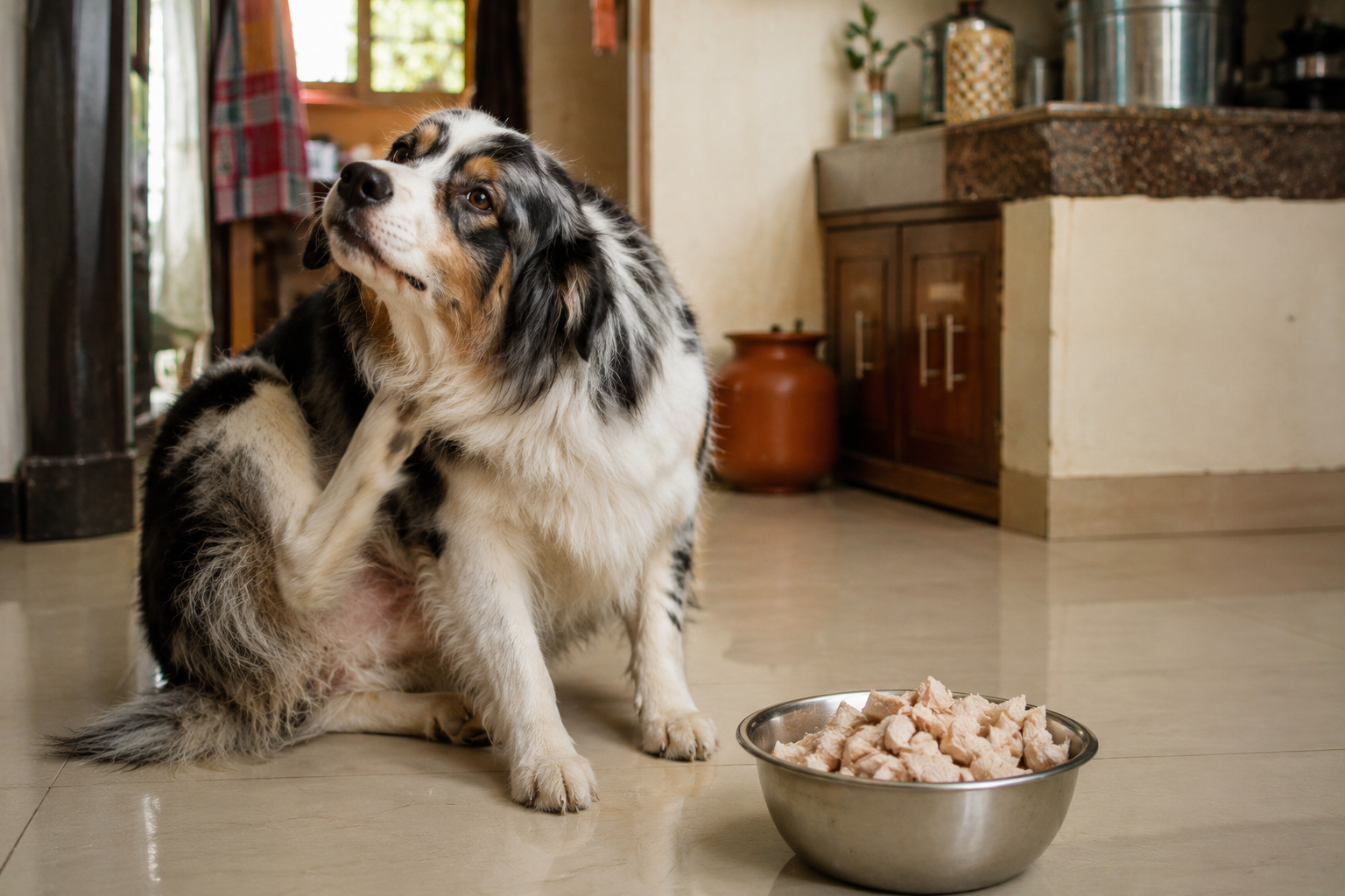 A dog showing signs of food allergy — itching, paw licking, ear inflammation.
