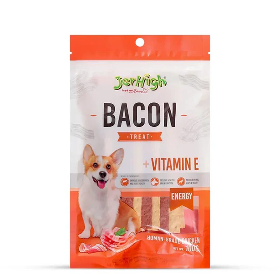 A JerHigh bacon-flavoured dog treat packet.