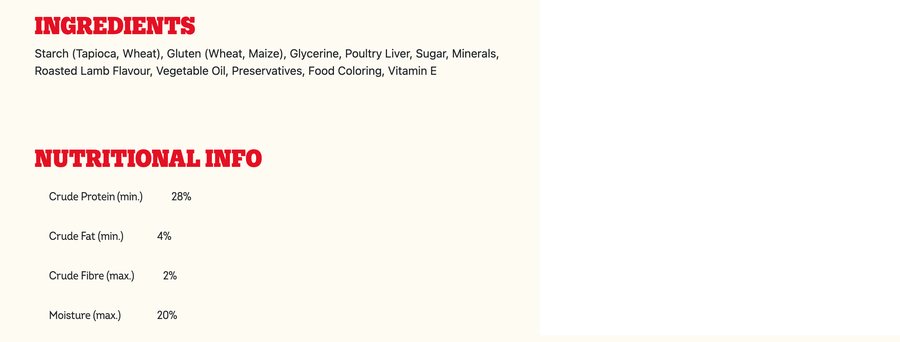 Ingredients section from Pedigree.in: Starch (Tapioca, Wheat), Gluten (Wheat, Maize), Glycerine, Poultry Liver, Sugar, Minerals, Roasted Lamb Flavour, Vegetable Oil, Preservatives, Food Coloring, Vitamin E.