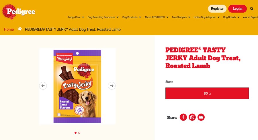 Pedigree Tasty Jerky Roasted Lamb product packaging.