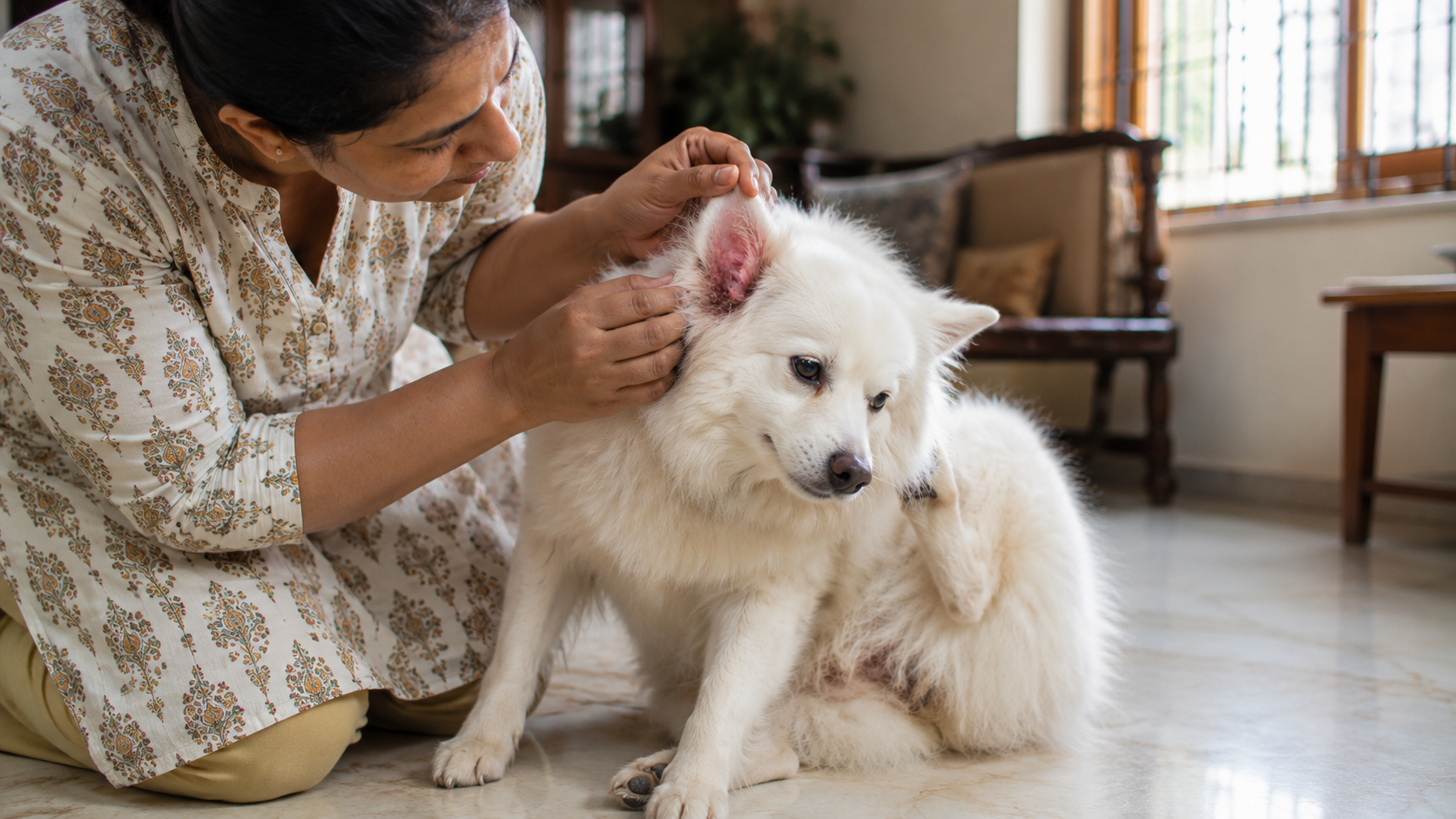 A dog with recurring ear infections — the symptom that almost always points to an underlying allergy.