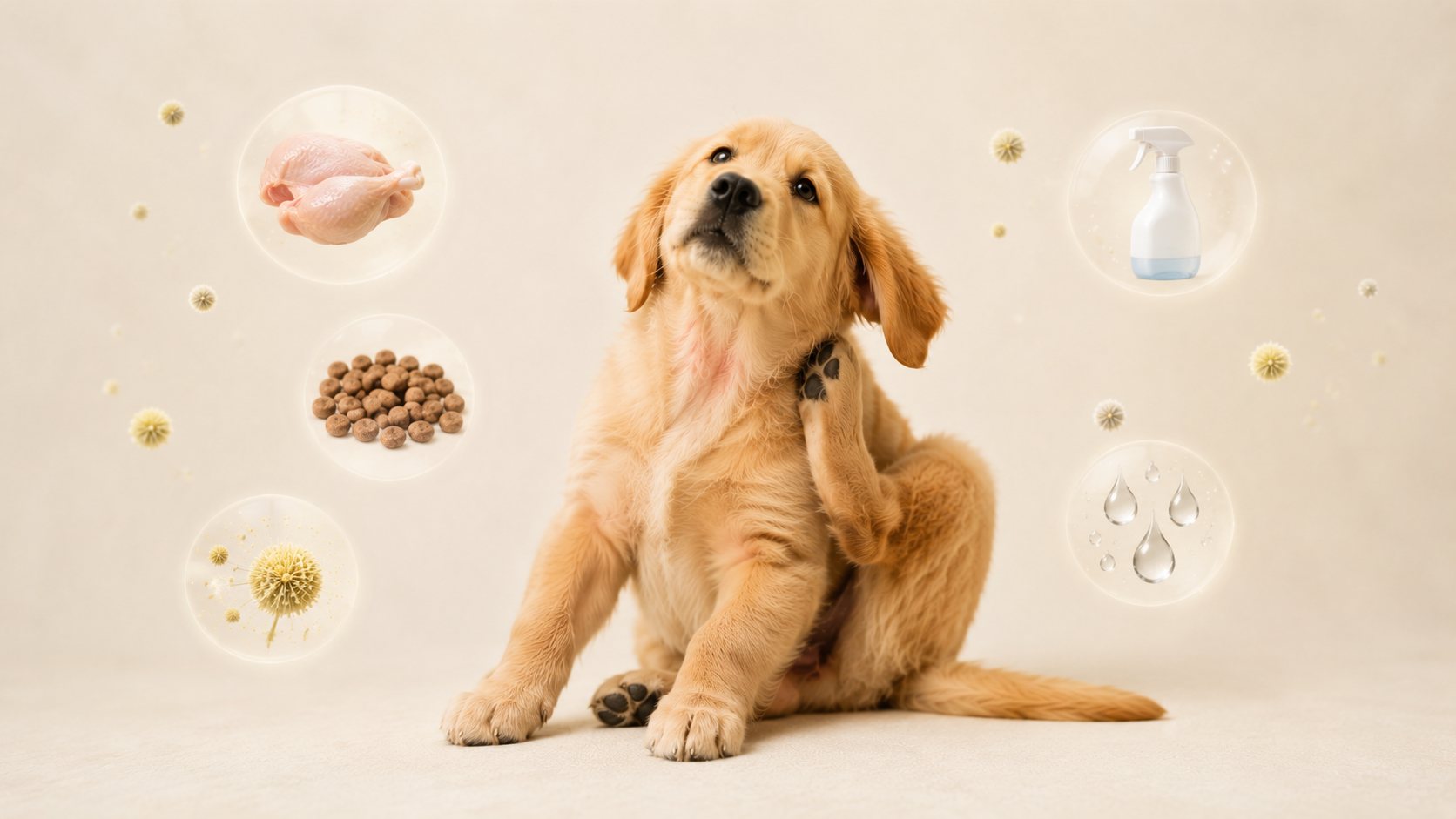 A dog itching and scratching, a common sign of food allergies in India.
